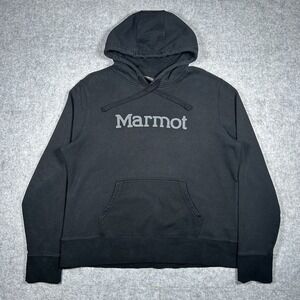 Marmot Hoodie Mens XXL Black Graphic Print Spell Out Logo Pullover Sweatshirt